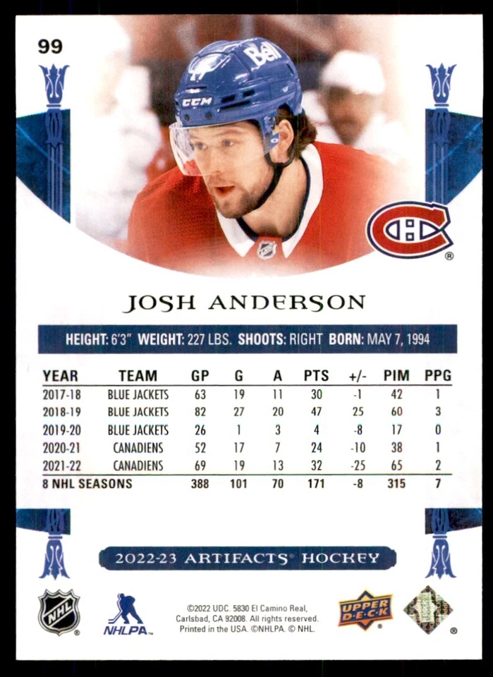 2022-23 Upper Deck Artifacts Josh Anderson A Hockey Cards #99 - Image 2 of 2