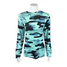 Denim & Co. Heavenly Jersey Camo Print Long Sleeve Pullover Top Teal Medium Size