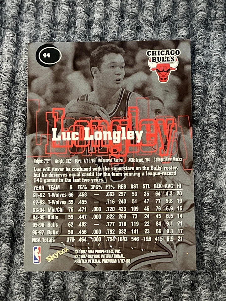 1997-98 SkyBox Premium Luc Longley Chicago Bulls #44 - Image 2 of 2