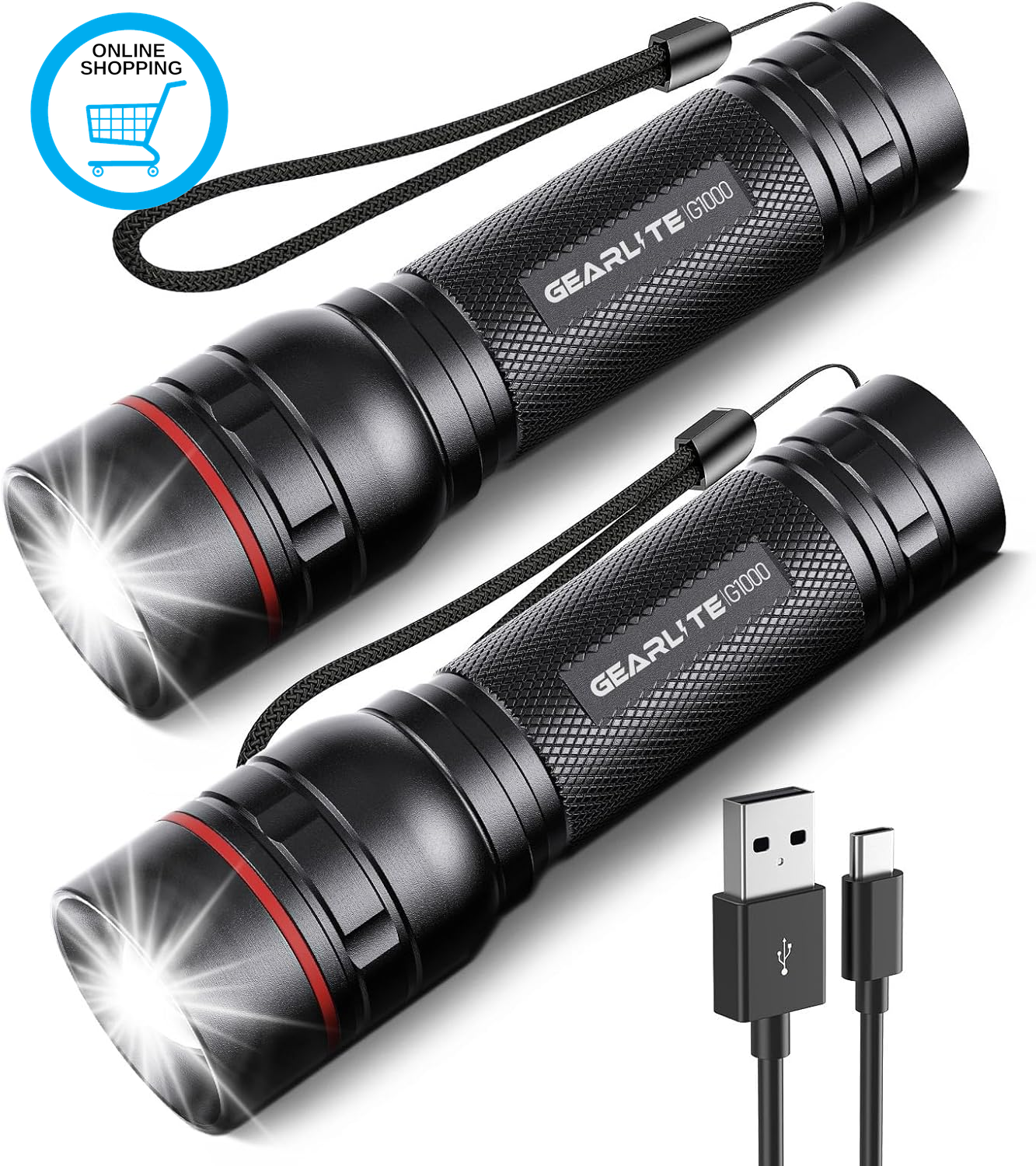 LED Torch Rechargeable, 2 Pack 2000LM Super Bright Adjustable Focus Flashlight,