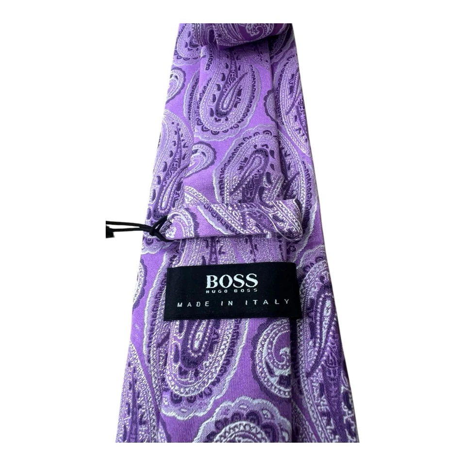 Hugo Boss 100% 真丝男式领带紫色佩斯利意大利制造 $98 全新带标签 — 第 4/4 张图片