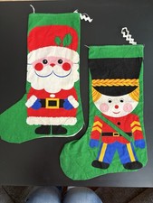 Two 14  Vintage Handmade/sewn Christmas Stockings Toy Soldier/Santa Dbl Sided