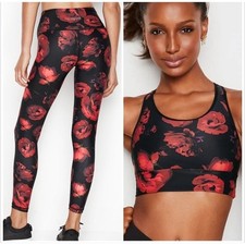 Victoria Sport Black Red Rose Floral Print Leggings Sports Bra Set sz XS