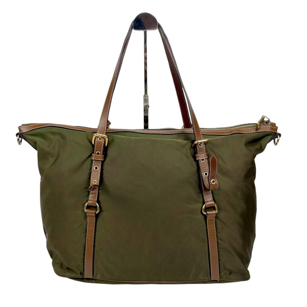 PRADA 2Way Tote Bag Logo Hardware Green Khaki Tessuto Nylon Shoulder Bag Used thumbnail 3