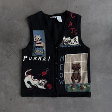 Vintage Cat Sweater Vest Capacity Medium Knit Ramie Cotton Kitty Teacher