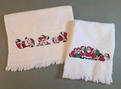 PAAR handgefertigte Kreuzstich Handtücher Weihnachtsmann Weihnachten Stickerei 15"x10"