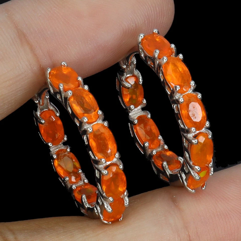 925 Orecchini Argento Sterling Ovale Arancione Opale 5x3mm Naturale Gemma - Immagine 2 di 4