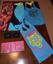 Zumba  Fitness Clothing Lot  2 M Tops, 2 Leggings. 1 Pair Of Sliders Set 8 DVD’s
