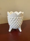 Vintage Fenton White Hobnail Milk Glass 3-Toed Vase 5" Scalloped Edge Footed EC