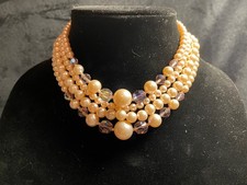 Vintage Faux Pearl Multi Strand Bib Choker Necklace AB Crystal Adjustable