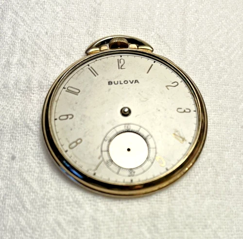 BULOVA POCKET WATCH 10K ROLLED GOLD PLATE RUNNING NEEDS TLC   FREE SHIPPING