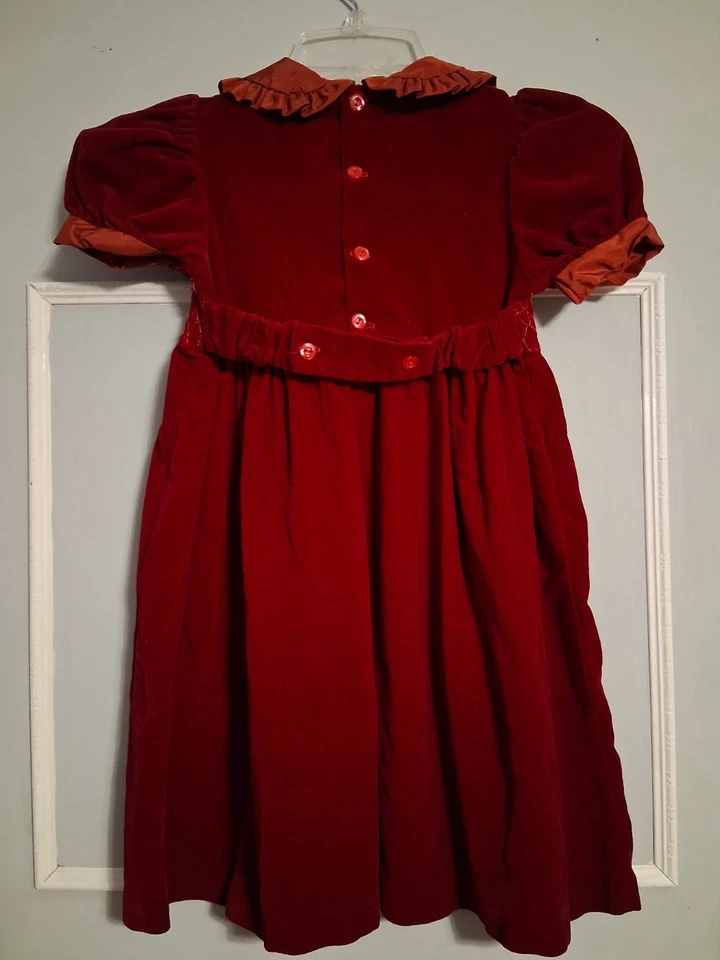 Velvet Burgundy Dress Smocked Roses  Girls Size 6 Vintage  Cottagecore - Image 4 of 4