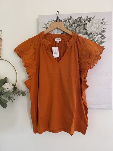 J Crew V- Neck Scalloped Ruffle Flutter Sleeve Eyelet Shirt Women’s Sz XL NWT