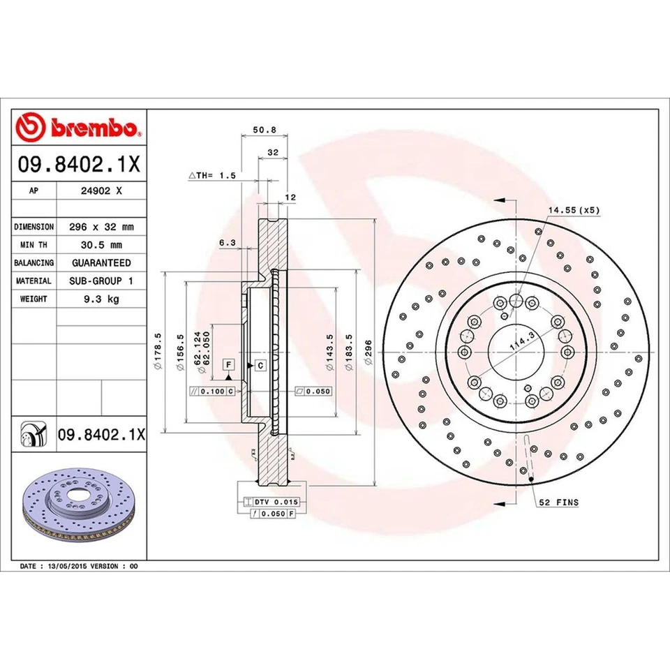 Ротор дискового тормоза Brembo 09.8402.1X для 92-10 Lexus GS300 GS430 IS300 LS400 SC430 - Изображение 2 из 4