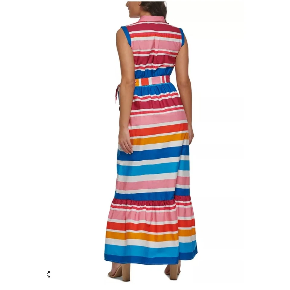 Maxi Vestido Kensie Para Mujer Rayas Cuello Sin Mangas Cinturón Maxi Vestido Talla 8 Foto 2 de 4