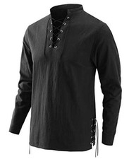 Mens Pirate Shirts Renaissance Viking Steampunk Medieval Lace up Medium Black