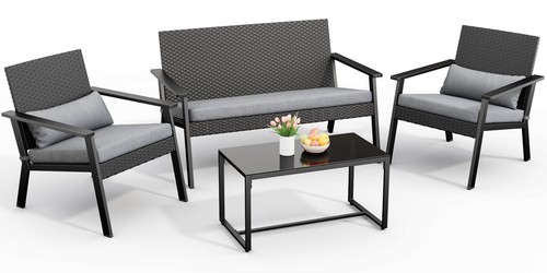 4-Piece Outdoor Wicker Patio Furniture Set with Deep Seating Cushions and Tab...