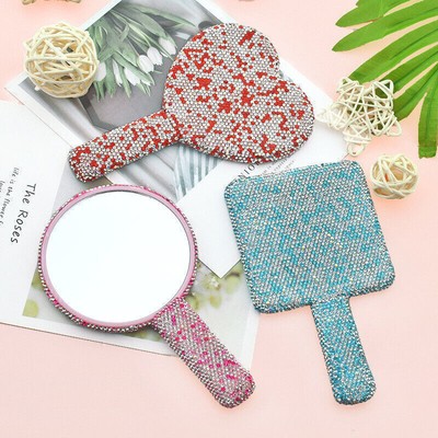 1x Rhinestone Handheld Mirror with Handle Shiny Bling Crystal Makeup Small Tool