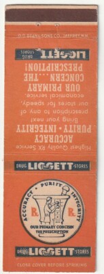 MATCHBOOK COVER - LIGGETT DRUG STORE - PHARMACY - PRESCRIPTIONS