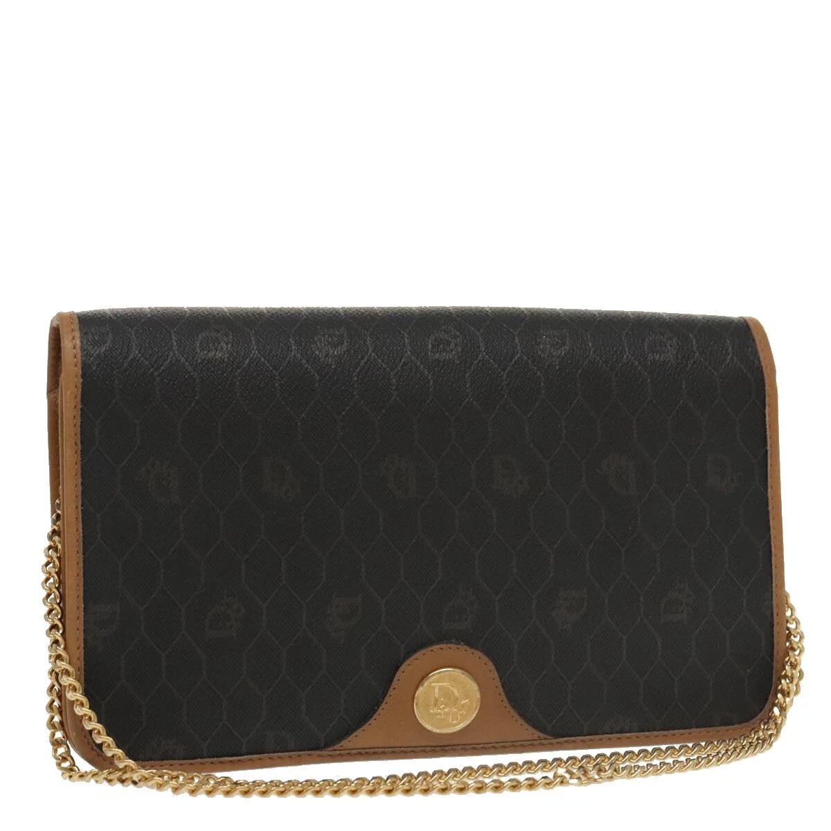 Christian Dior sac à bandoulière chaîne toile nid d'abeille PVC or noir authentique 100647