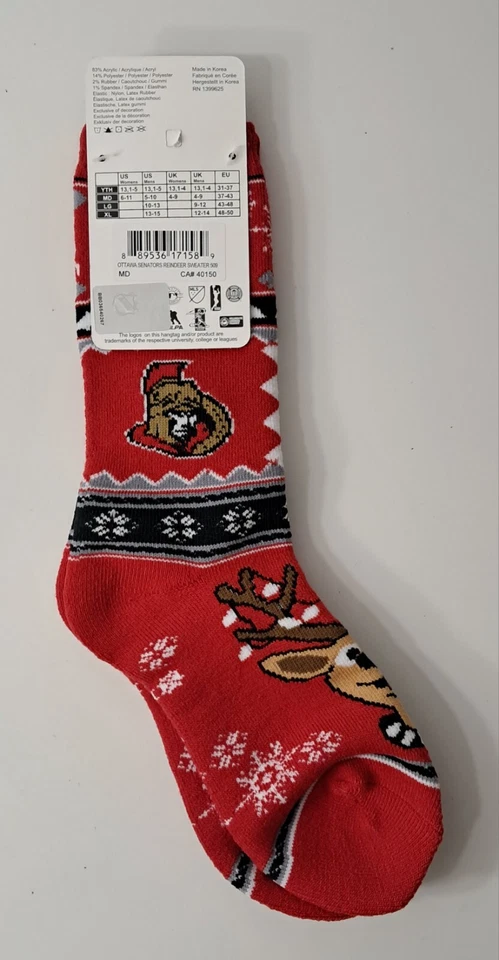 Calcetines de hockey Ottawa Senators suéter de Navidad a rayas vacaciones renos NHL  Foto 2 de 3
