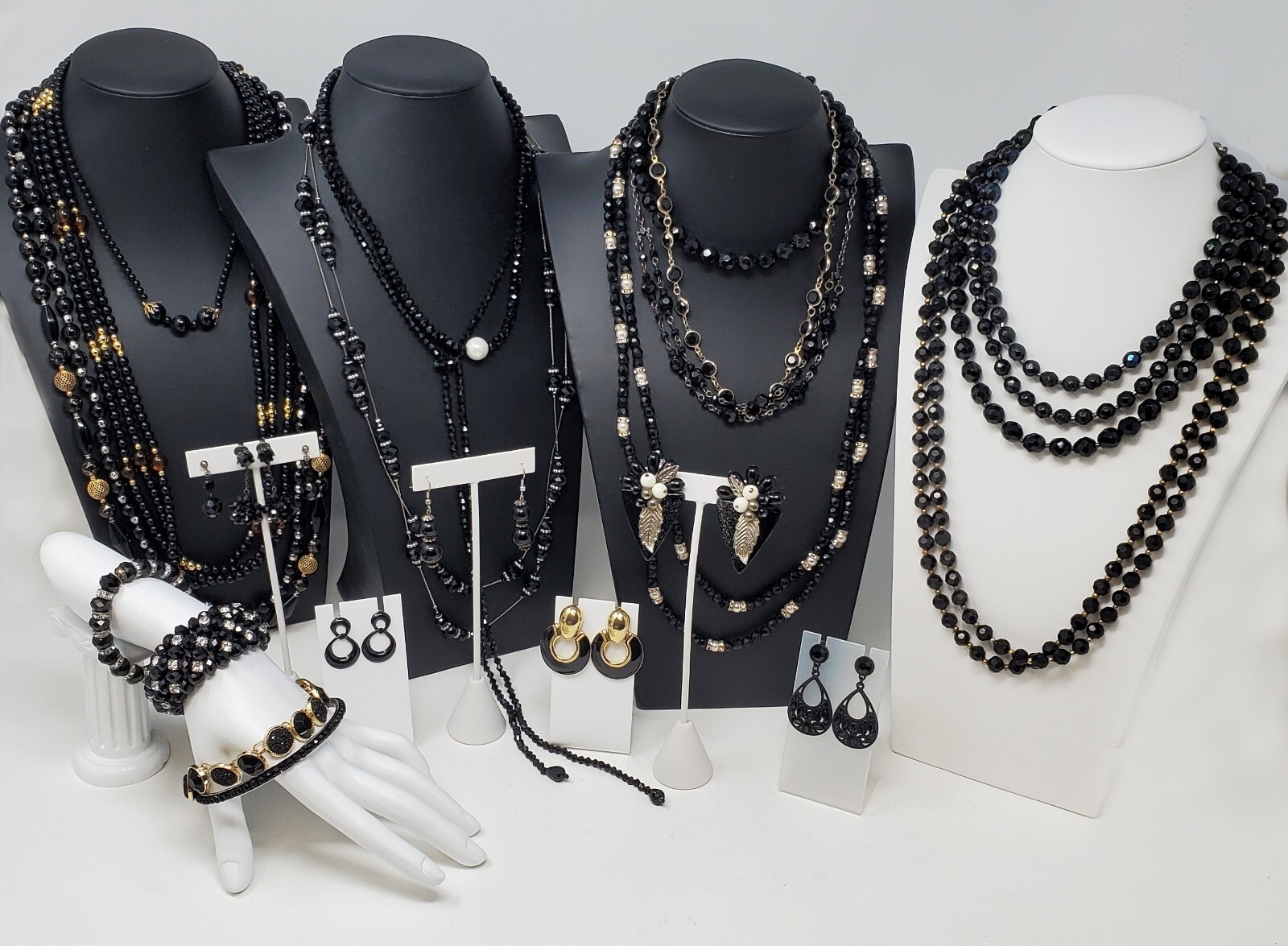 Black Necklaces, Earrings, Bracelets -Faceted Glass, Acrylic, Rhinestones- 24pcs