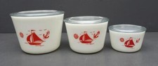 Set 3 McKee Sailboat Anchor Round Glass Refrigerator Dish/Lids White/Red  S-M-L