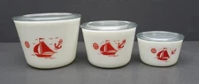 Set 3 McKee Sailboat Anchor Round Glass Refrigerator Dish/Lids White/Red  S-M-L
