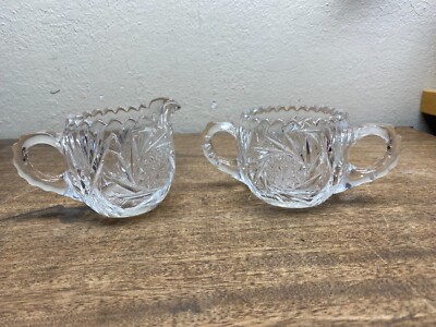 Antique Cut Glass Cream & Sugar Bowls with Handles American Brilliant Period