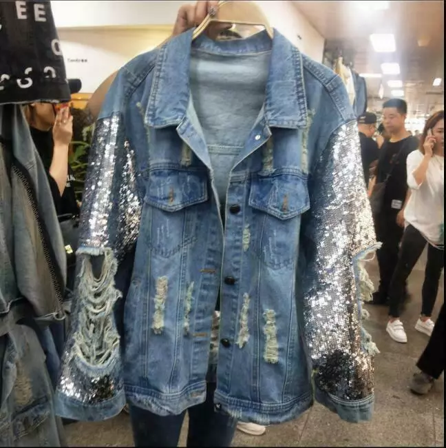 Womens Sequin Ripped Denim Jeans Loose Jacket Coat Hole Ripped
