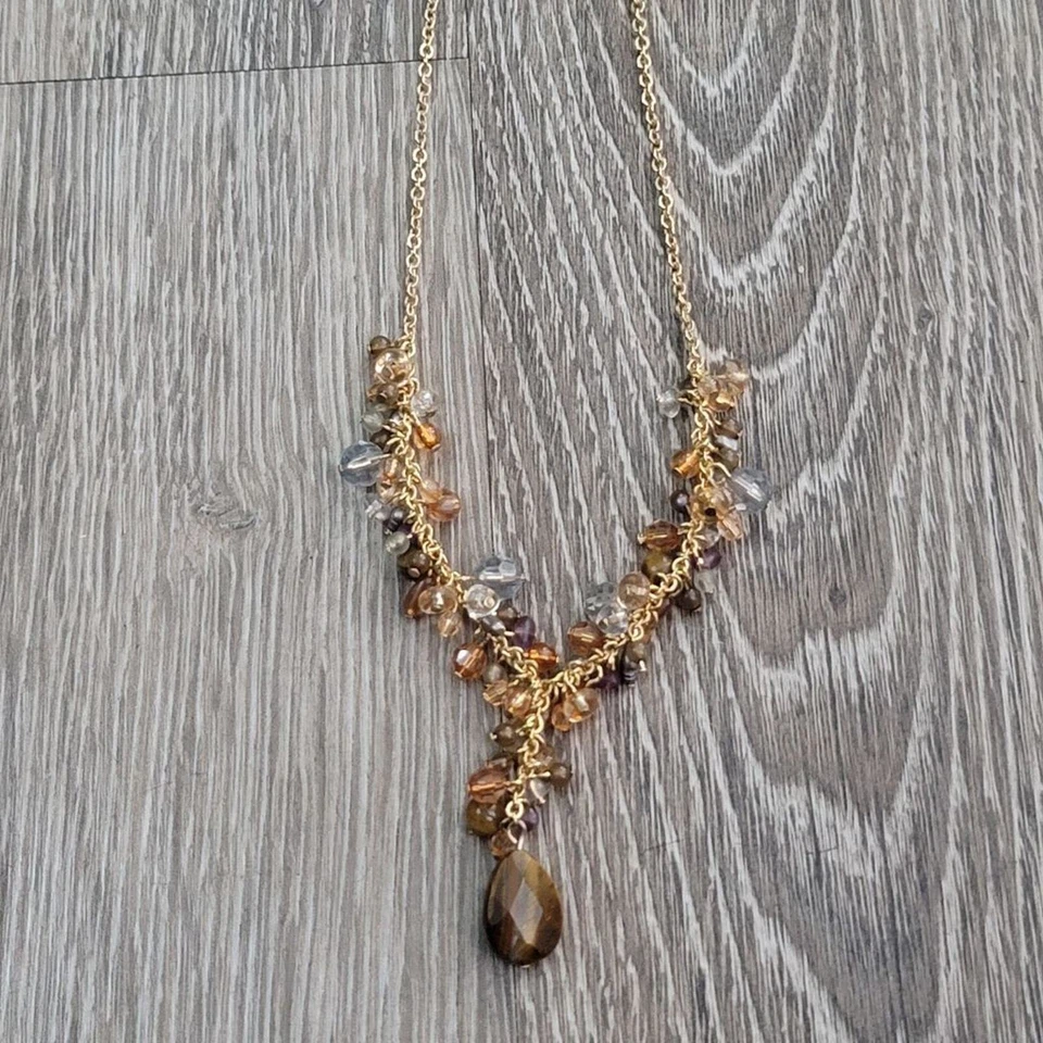 复古 Avon Tiger's Eye 金色 Y 滴簇串珠项链 16 英寸二手状况完好 — 第 4/4 张图片