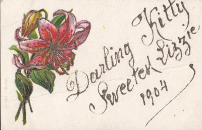 T31. Vintage Gruß Postkarte. Glitzernde rosa Lilie und Nachricht. Kitty und Lizzie