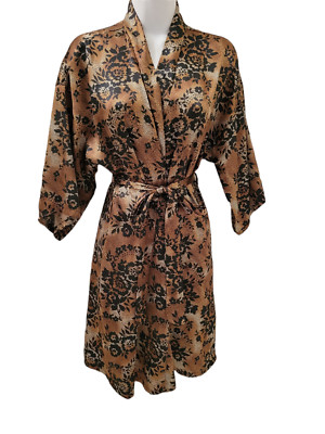 LA Intimates Satin Kimono Robe Gold Black Floral Womens Small