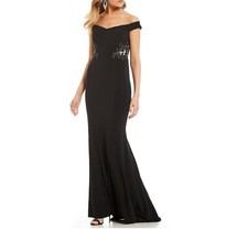 Blondie Nites Junior Womens 3 Black Off The Shoulder Beaded Applique Gown NWT