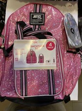 JUSTICE CORAL/SILVER METTALLIC GEOMETRIC BACKPACK/LUNCHBOX/PENCILCASE SET  