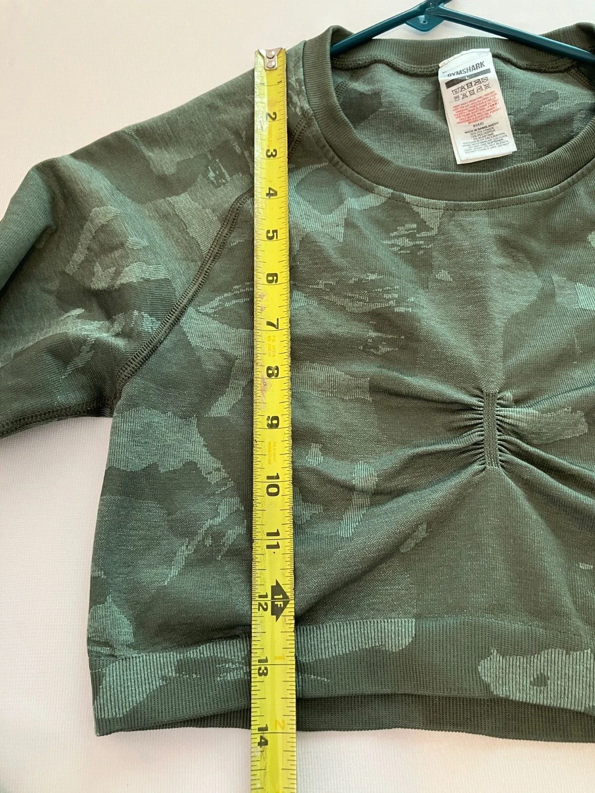 gymshark camo crop long sleeve ruched training stretch knit shirt