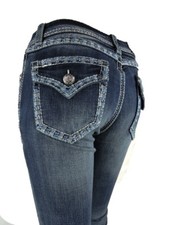 Grace in LA Women Bootcut Jeans Flap Blue Tribal Cowgirl Mid Rise Easy Fit