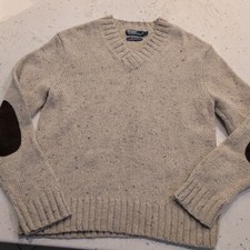 VTG Polo Ralph Lauren Sweater Mens Large Wool Alpaca Blend Elbow Patches Beige