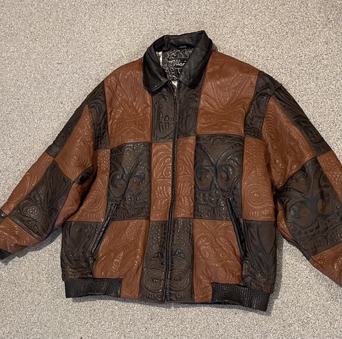 Vilanto Vintage Men’s 5XL Leather Jacket Patchwork Embossed Brown Black Pockets - Picture 1 of 14