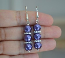 Handmade purple glass pearl silver Plated dangle Earring