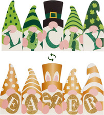5-Piece Reversible Gnome Decor - St Patrick'S Day  Easter Wooden Blocks with Lu