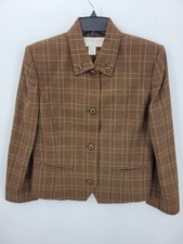 Doncaster Blazer Womens 10 Brown Plaid Wool Button Front Career Designer Jacket