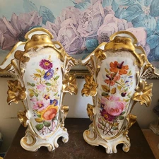 Pair Old Paris France Hand Painted  Porcelain Vase Flowers Gold 12"