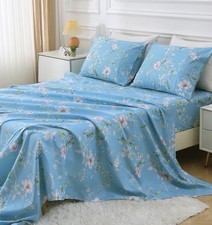 Queen Sheet Set 4 Piece Magnolia Blossom Blue Floral Bed Sheets Deep Pocket