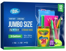 12 Large Storage Bags With Zipper Top - 3 Gallon Size, 16" x 18", Extra Large...