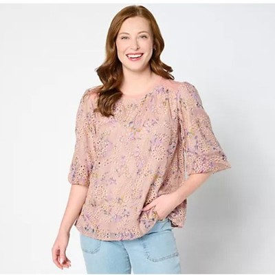 LOGO Lavish Lori Goldstein Pink Floral Eyelet Lace Blouse M Elbow Sleeve Boho 