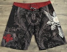 Affliction Board Shorts Size 42 Black Red Skull Cross Pendant Vintage Y2K Surf