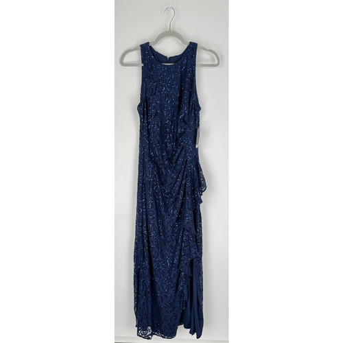 Alex Evenings Sleeveless Lace Dress Cascade Ruffle Slit Dress Womens 12 Navy New - Picture 3 of 11