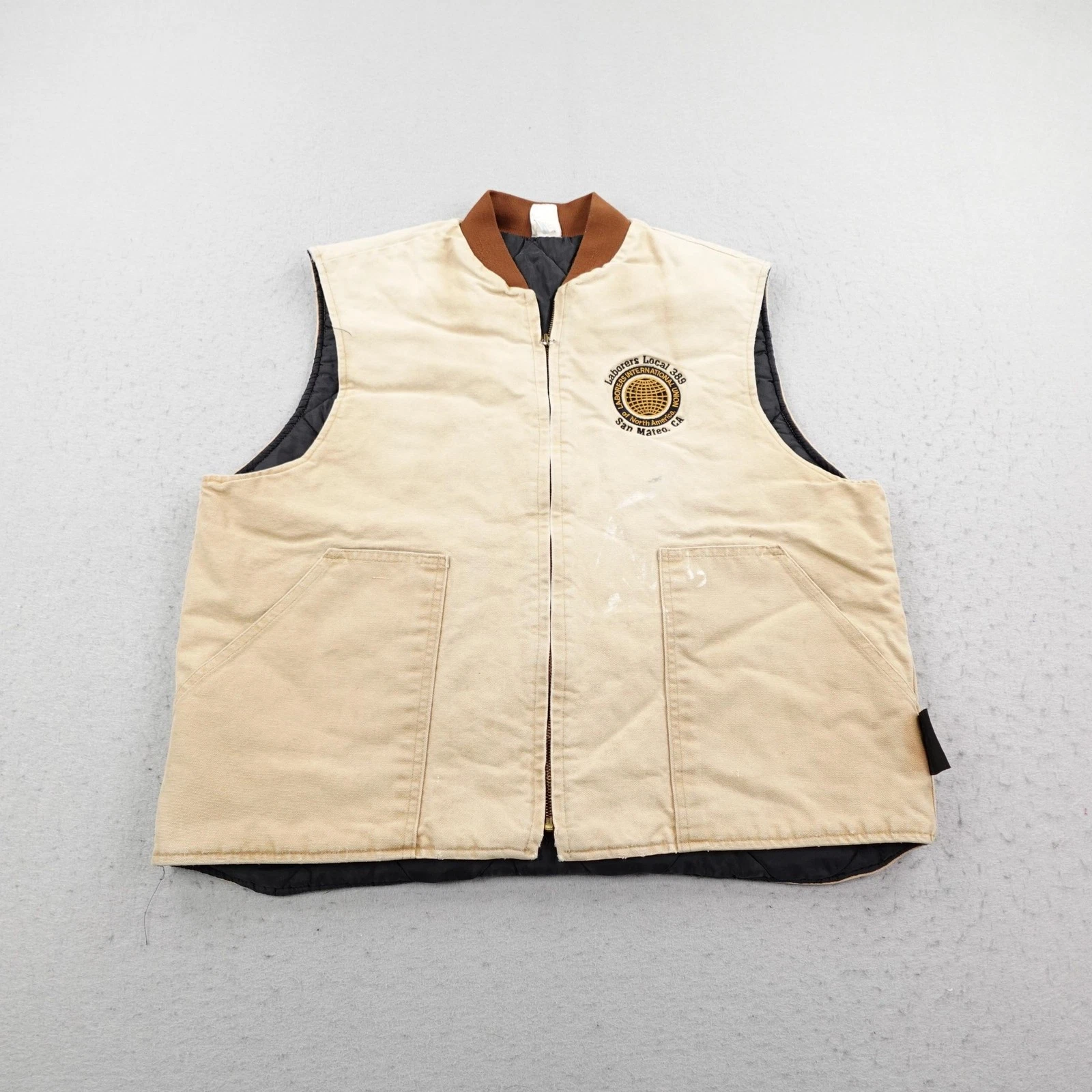 Vintage Union Line Vest Mens Large Tan Canvas Quilted Laborers Local 389 90s