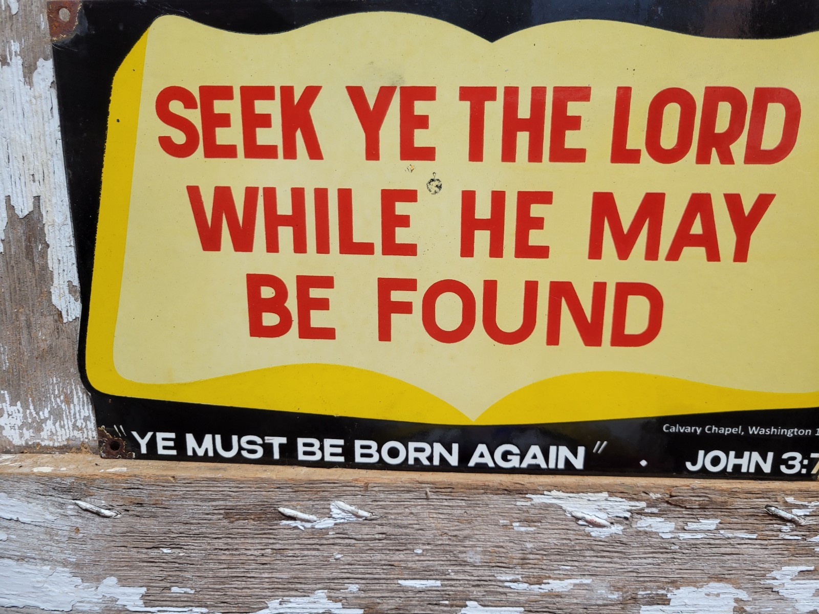 VINTAGE CHURCH PORCELAIN SIGN 1954 CHRISTIAN SEEK THE LORD BIBLE GOD RELIGION